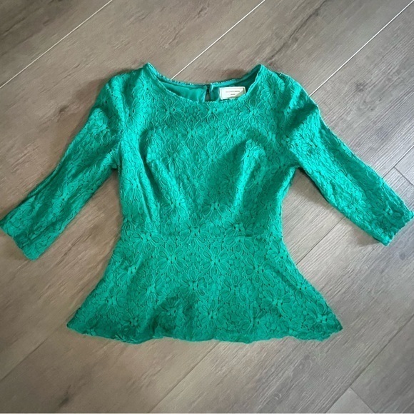 Anthropologie Top Women‎ 2 Lace Peplum Blouse Kelly Green Moulinette Soeurs - Picture 6 of 9